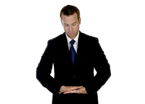 businessman making pose with palms with white background