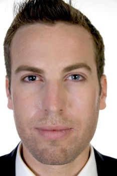 closeup of young businessman against white background