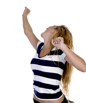 woman posing looking backwards on an isolated white background