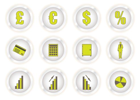 collection of eight buttons with financial symbols and icons