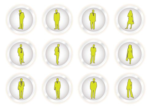 collection of eight business buttons with people outlined