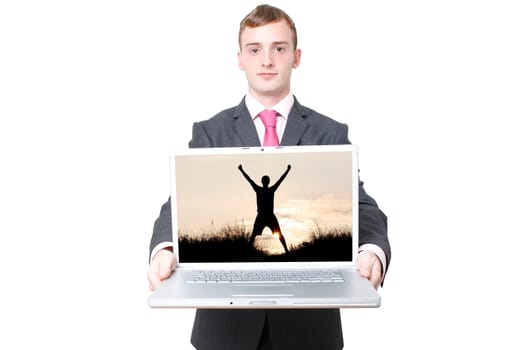 A business man with a laptop open