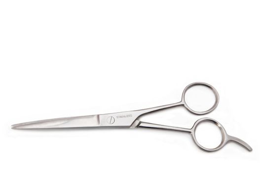 Close up of a pair of stainless steel hairdressing scissors arranged over white.