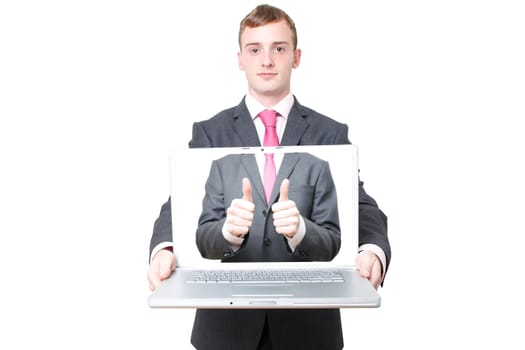 A business man with a laptop open