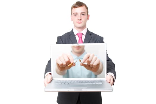 A business man with a laptop open