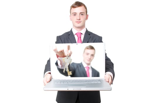 A business man with a laptop open