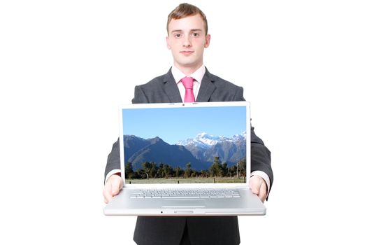 A business man with a laptop open