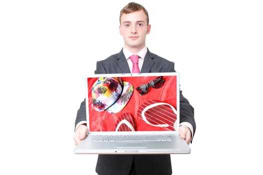 A business man with a laptop open