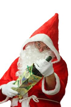 Male caucasian model of santa claus holding a bottle of champaigne - isolated on white background