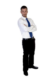 standing young executive against white background