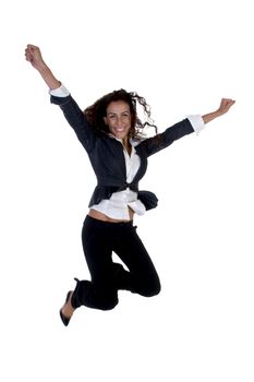 businesswoman jumping against white background