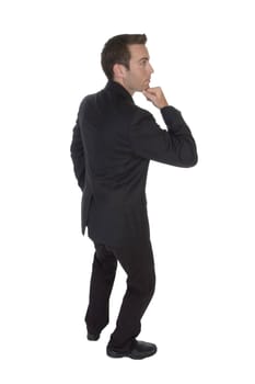 businessman with chin on hand on white background