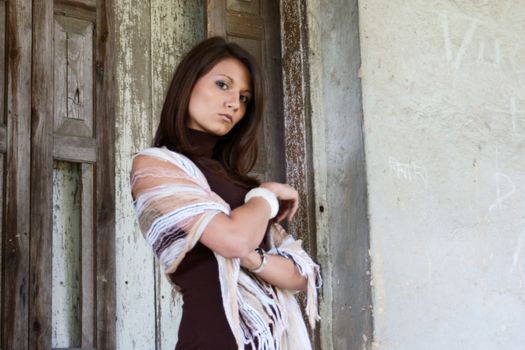 Young girl from Poland in old, cut manor house