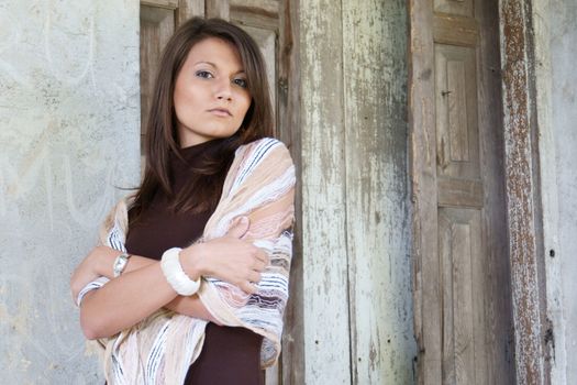 Young girl from Poland in old, cut manor house