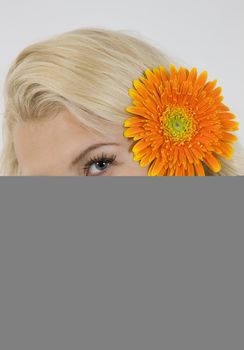 ovely lady with gerbera isolated with white background