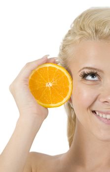 face of model with orange slice on isolated background