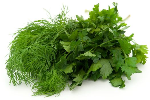 Fresh green dill and parsley on a white background