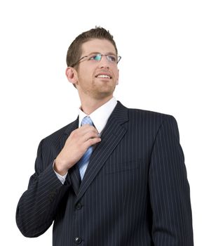 businessman holding his tie on isolated background