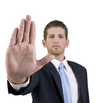 man giving warning on isolated background