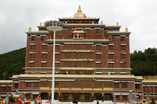 Misterious town Shangrila in Yunnan province, China near Tibet. Building in ancient style in town center.