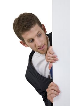 man peeping side white board on isolated background