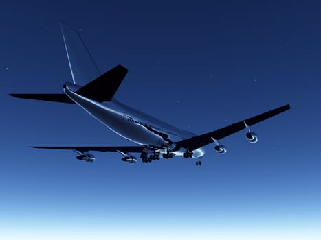 An airplane that is flying high in the sky.