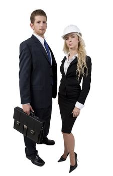 standing professionals with hat and bag on isolated background