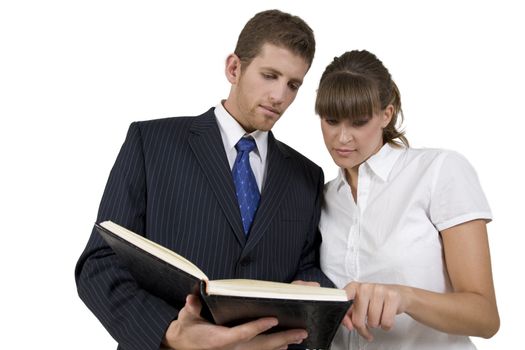 man and woman reading schdule on isolated background