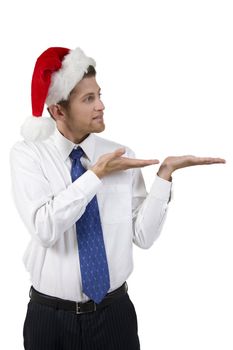 handsome santa man with open palms on white background