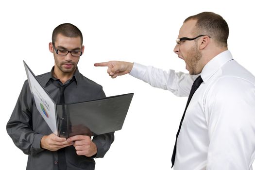 employee getting scolded from his senior on white background
