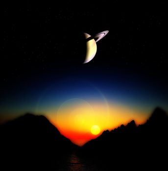 A view of an alien landscape and sky.