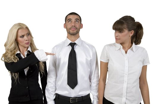 man looking upwards and woman pointing on white background