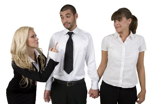 loving couple with jealous lady on white background