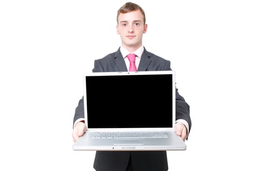 A business man with a laptop open