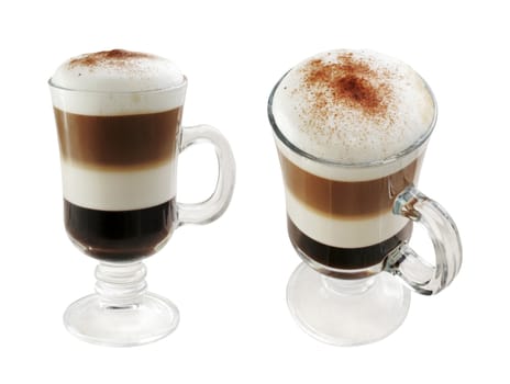 Multi-layered coffee in two foreshortened on white isolated with path.