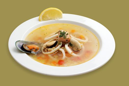 Italian seafood soup with salmon, prawn and shellfish.
