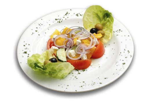 Greek salad with fresh vegetables. White isolated with path.
