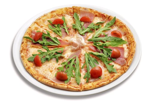 Pizza with rocket and fresh cherry tomato. White isolated with vector path.
