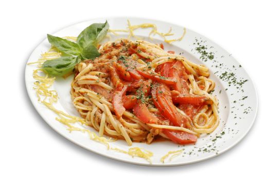 Italian pasta with tomato. White isolated with path.