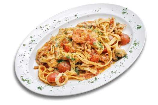 Pasta with seafoods and cherry tomato.  White isolated with path.