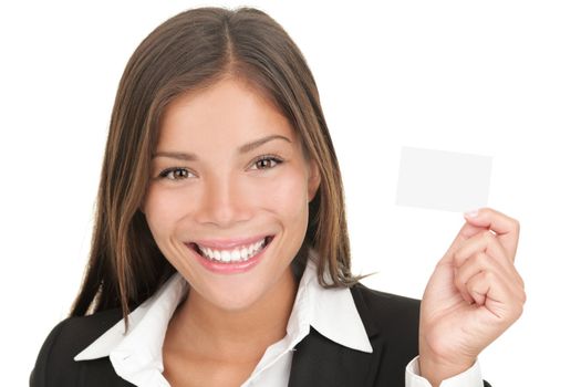 Business card woman. Businesswoman in her 20s showing blank business card sign isolated on white background. Young mixed race Chinese Asian / Caucasian model isolated on seamless white background.