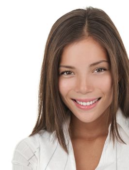 Young businesswoman smiling confident. Casual and attractive multiracial Asian Chinese / Caucasian business woman in her twenties isolated on white background.