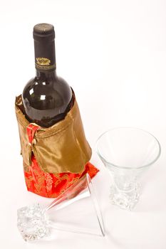 wine bottle and wine glasses on isolated background
