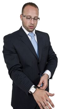 businessman wearing wrist-watch on isolated background

