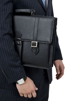 man holding leather bag on isolated background

