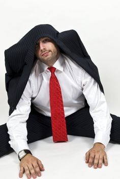 coat on man's head on isolated background

