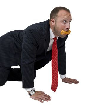 man with dog-biscuit on isolated background

