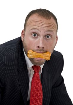 male with dog-biscuit on isolated background

