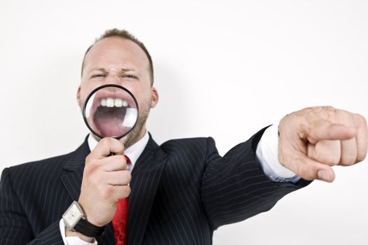 pointing man and magnifying glass on isolated background
