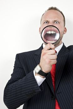 man with magnified mouth on isolated background
